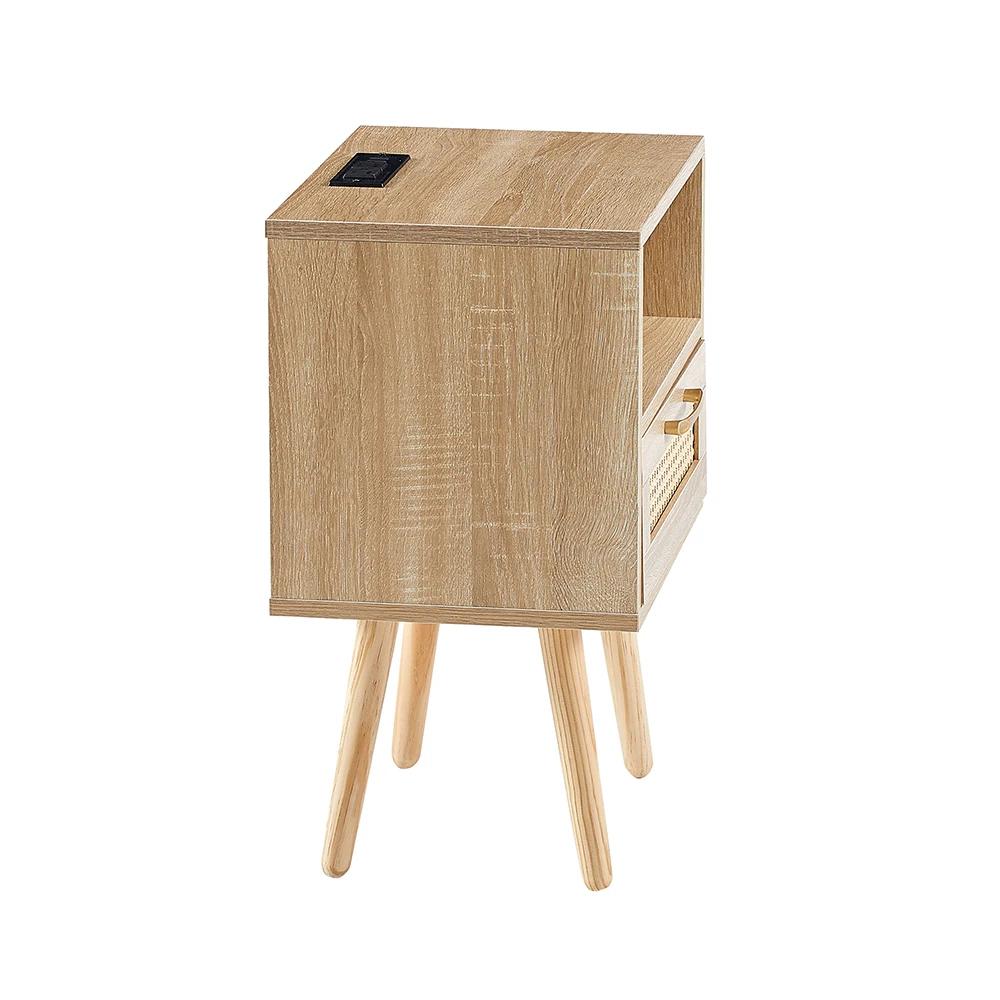 Table d'appoint en rotin avec prise de courant et ports USB, table de chevet moderne avec tiroir et 