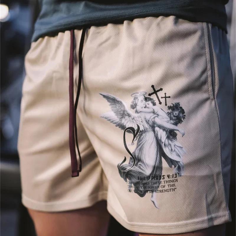 Y2K – short de sport imprimé croix d'ange chrétien pour hommes, survêtement actif avec poches, entra