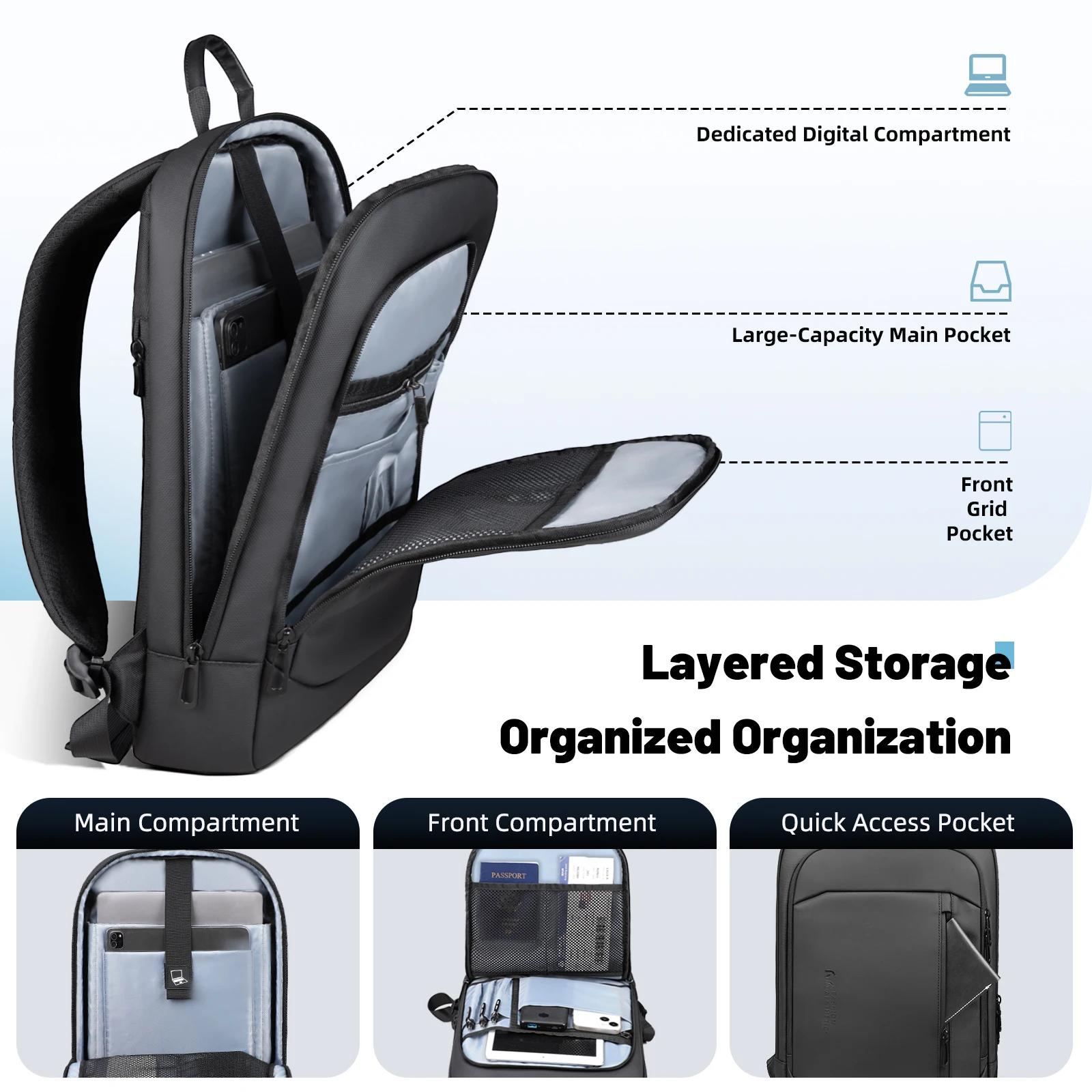 Sac à dos léger pour hommes d'affaires HK Slim, sac à dos pour ordinateur portable 15,6 pouces avec 