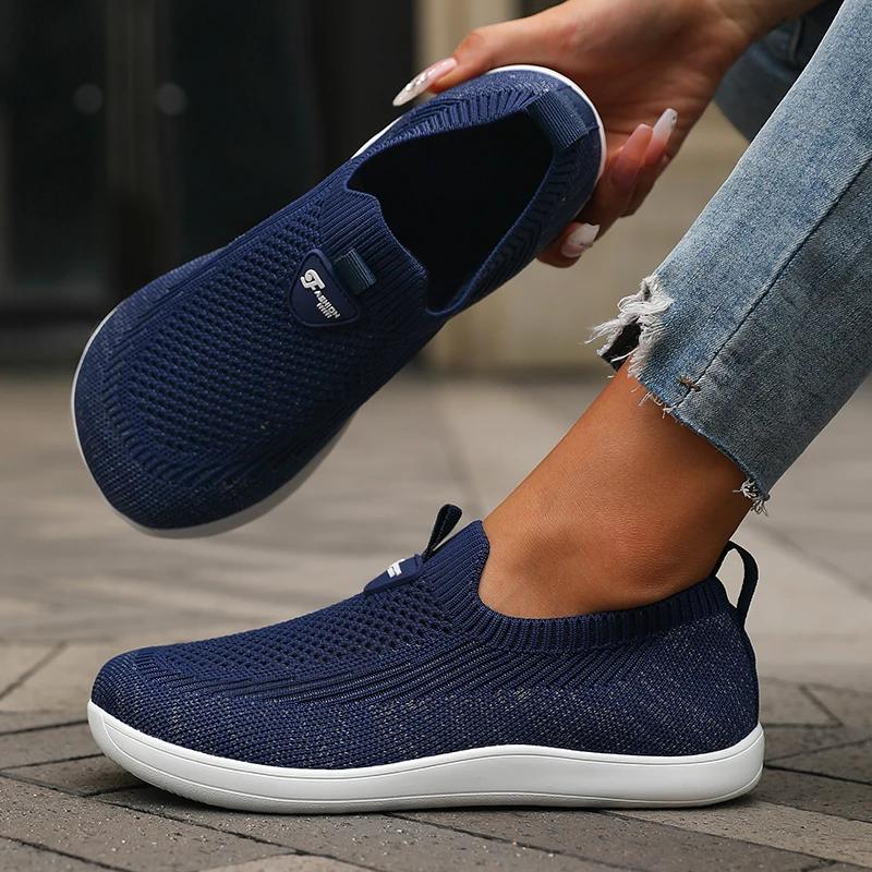 Chaussures à bout large pour femmes, baskets de marche respirantes en maille tricotée, semelle soupl