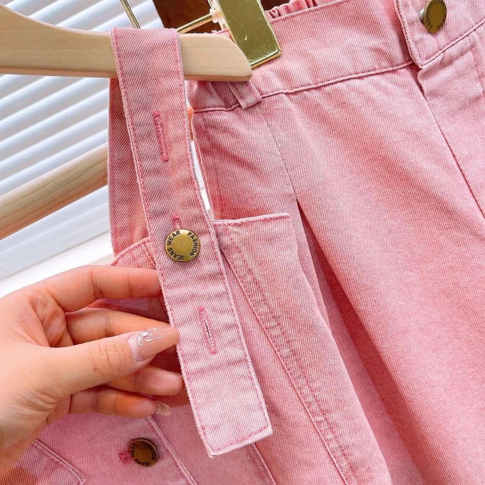 Costume d'été en Denim pour filles de 4 à 13 ans, couleur unie, bretelles + pantalon à jambes droite