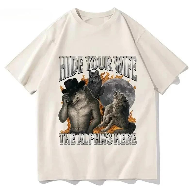 Cachez votre femme, l'alpha-loup arrive ! T-shirt Meme Loup-Garou Amusant, Chemise à Manches Courtes