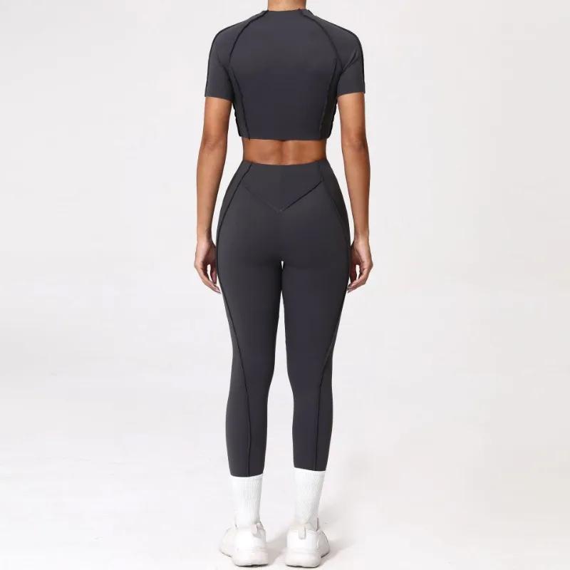Combinaison yoga fitness femme - Haut manches courtes moulant pantalon levage hanches ensemble sport