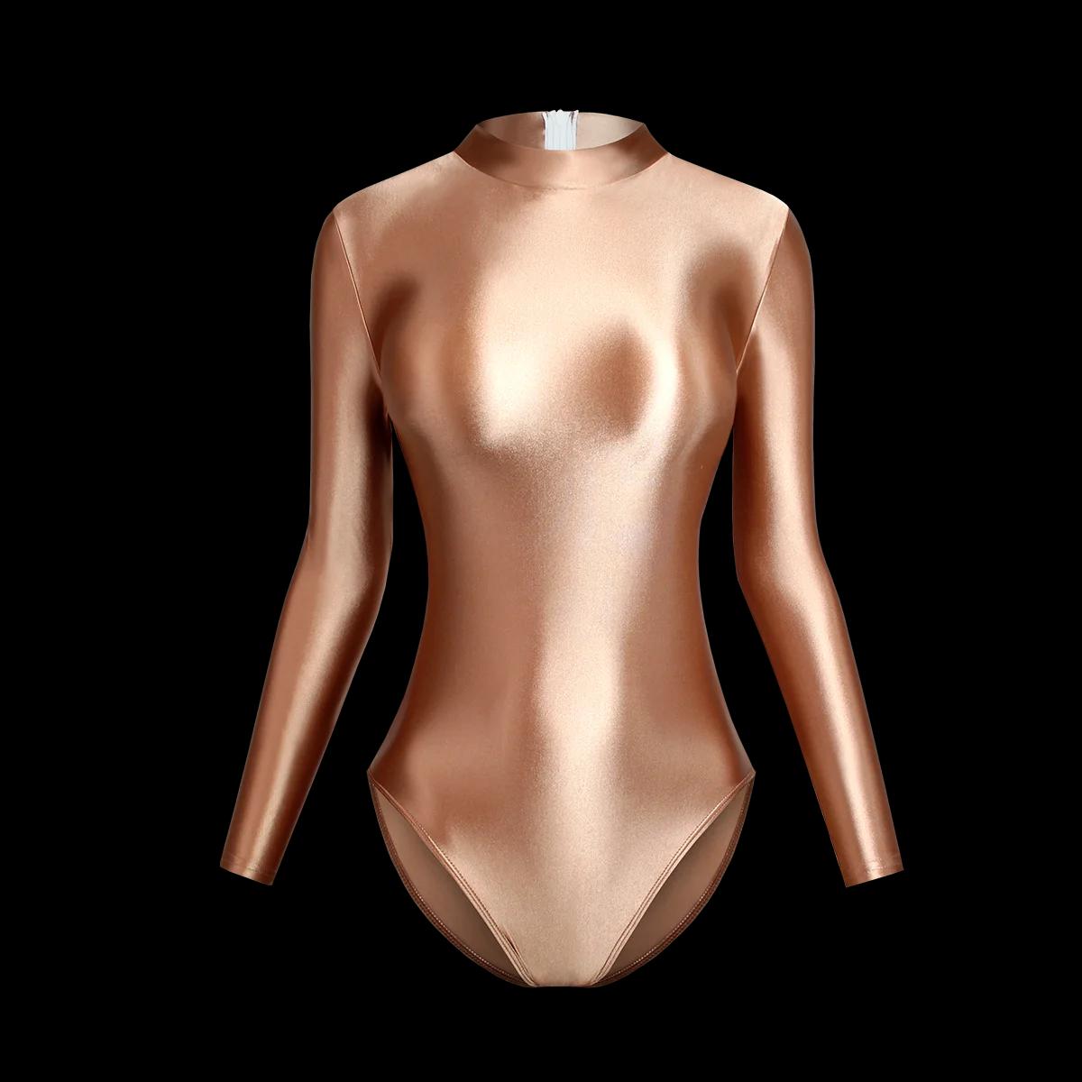 Maillot bain une pièce satin femme manches longues - Justaucorps sexy dos zip grande taille