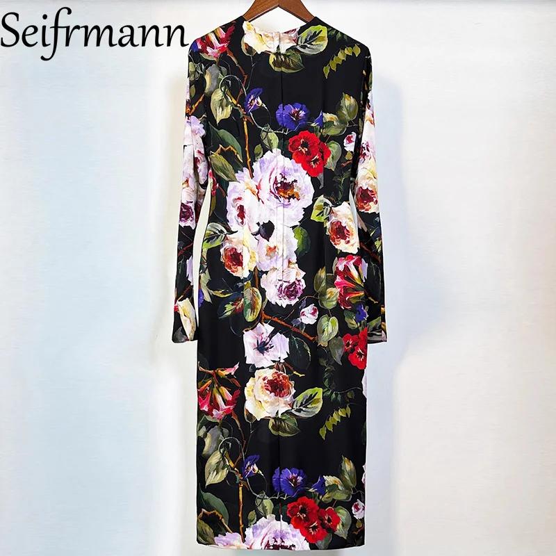 Seifrmann – robe en soie pour femmes, Style Sexy, manches longues, imprimé Vintage, coupe cintrée, p