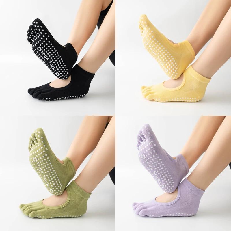 Chaussettes de Yoga dos nu à cinq orteils pour femmes, en coton, antidérapantes, pour Fitness, Pilat