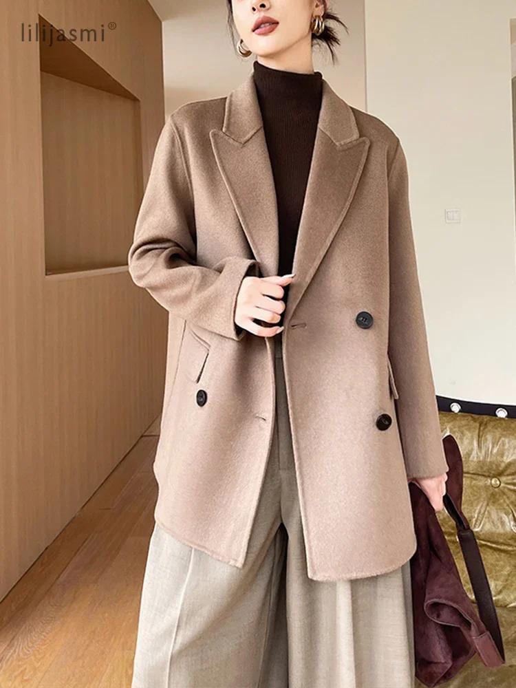 Blazer court en laine à revers crantés pour femme, 100% laine, avec poignets de travail, non doublé,