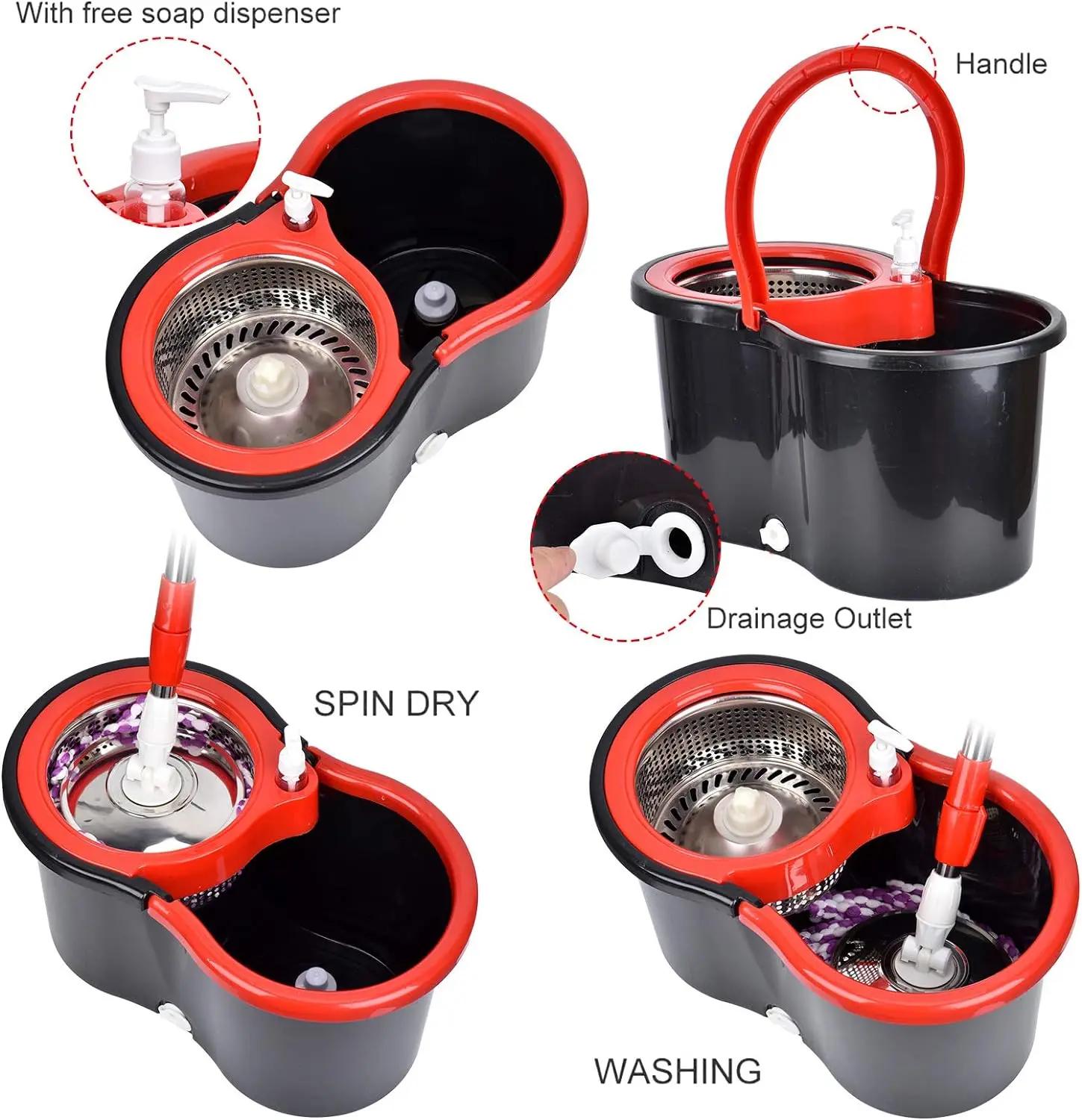 360 °   Ensembles de seaux à vadrouille rotative avec système d'essorage dans 3 têtes en microfibre,