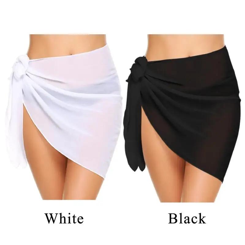 Été femmes 50x180 cm noir Sheer Sarong plage couvrir Bikini Wrap maillot de bain double usage maillo
