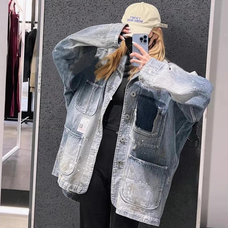 HKSH Nouvelle Veste Chemise Décontractée Oversize en Jean Délavé et Effiloché Jacquard Tendance Prin