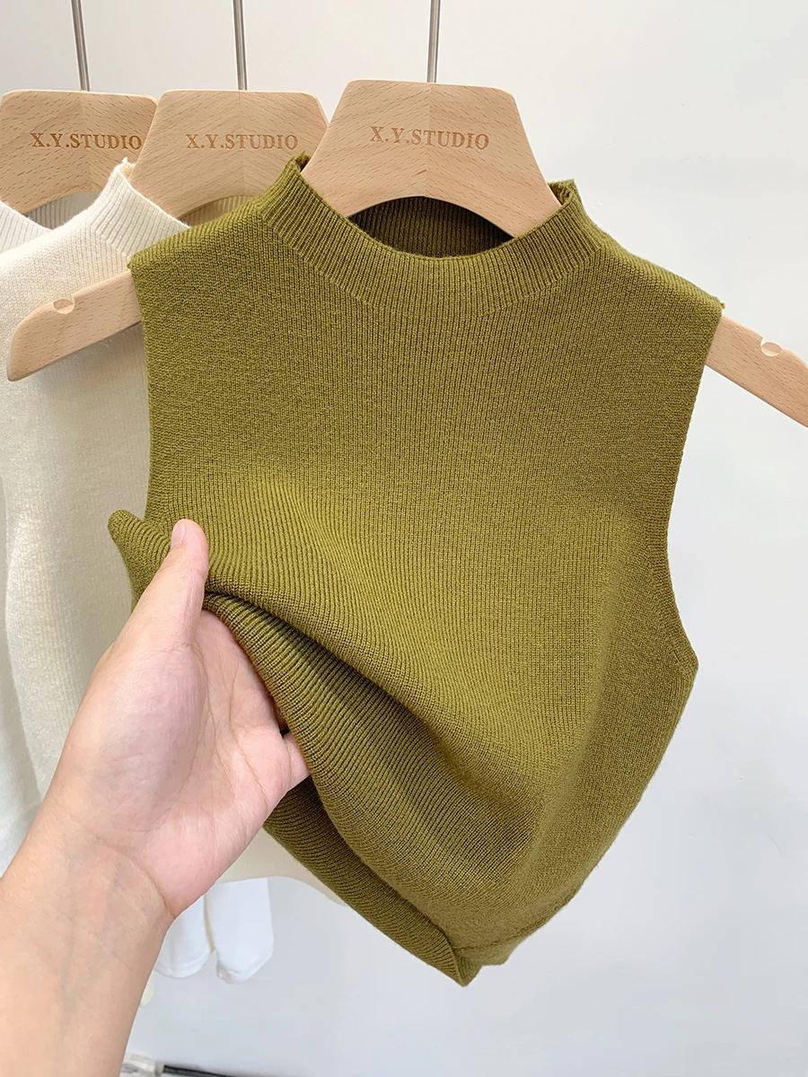 Femmes tricoté débardeur été automne mince pull court sans manches solide printemps automne chandail