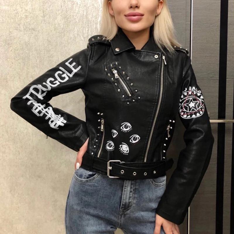 Fitaylor automne hiver femmes Graffiti imprimé veste en simili cuir dame Moto vélo manteau en cuir P