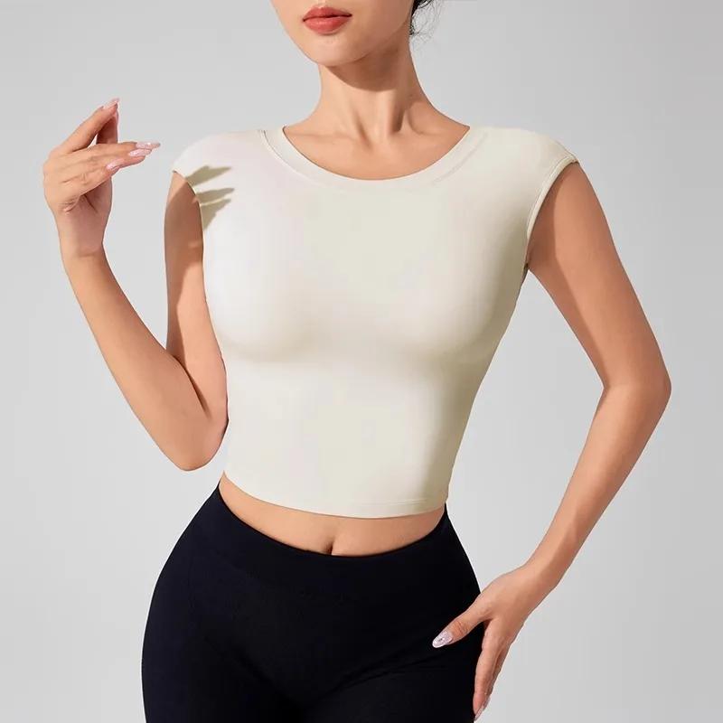 Haut de sport dos nu femme avec coussinets intégrés - T-shirt yoga fitness danse manches courtes confortable