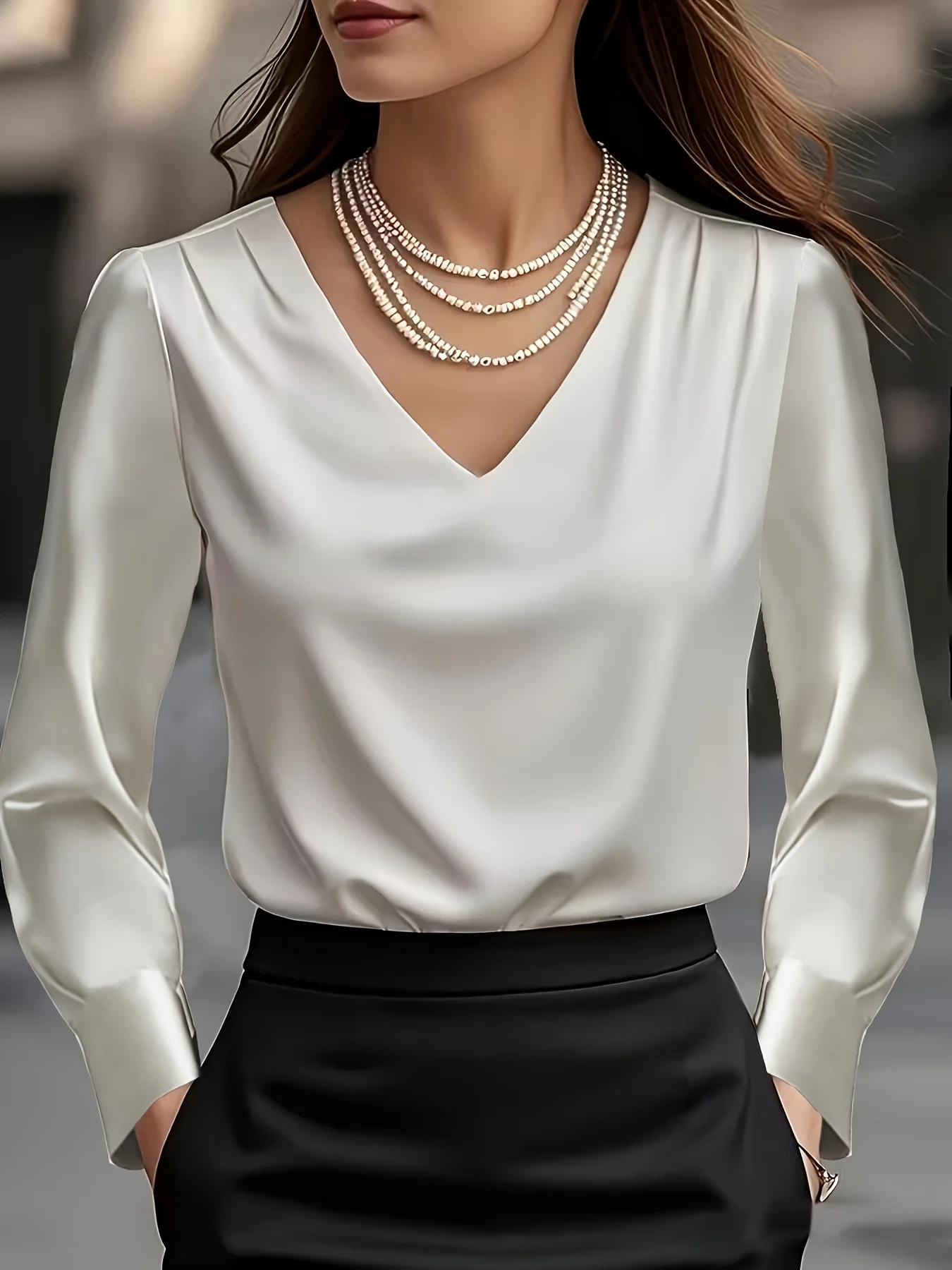 Nouvelle Blouse en Satin Couleur Unie Élégante et Sophistiquée Printemps/Été – Tenue Professionnelle
