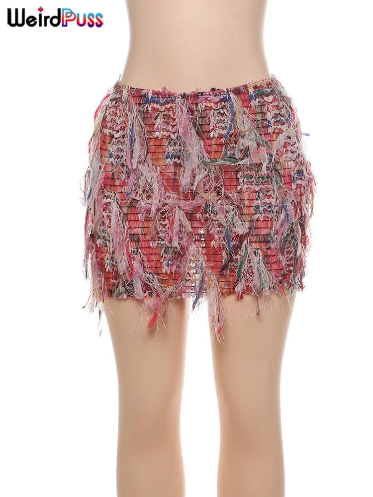 Jupes à pampilles colorées pour femmes, chat bizarre, hanche pêche, tricot fin, sauvage, Sexy, minui