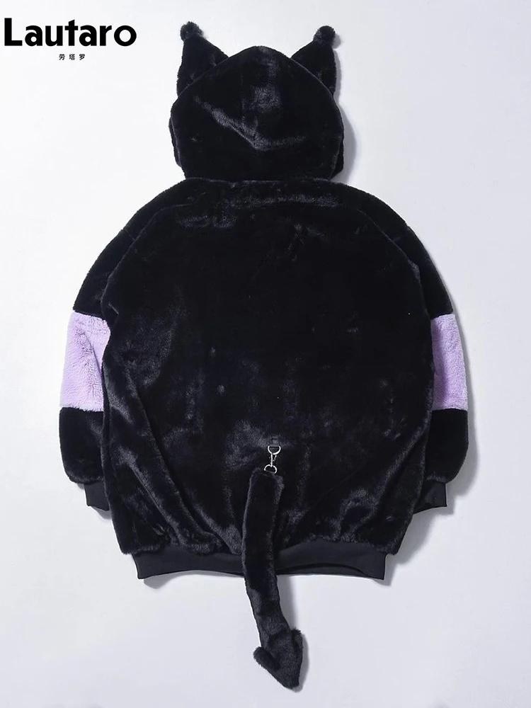 Lautaro automne hiver surdimensionné couleur bloc fausse fourrure manteau femmes Harajuku Kawaii dou