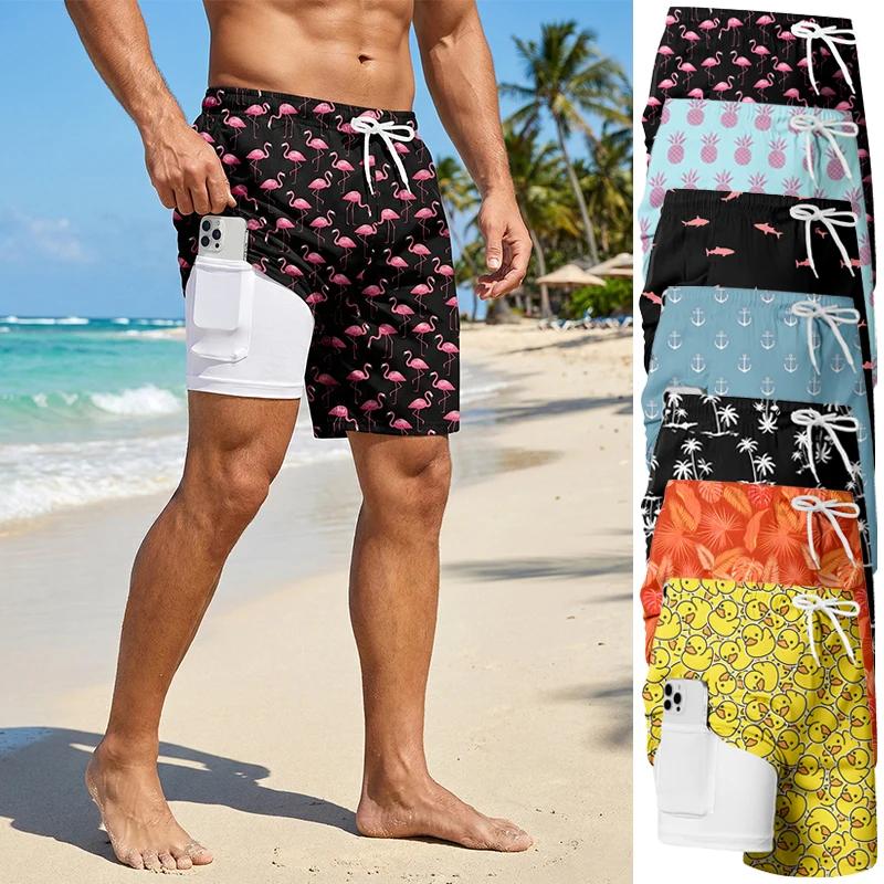 Maillot de bain 2 en 1 imprimé 3D pour hommes, short de plage à séchage rapide avec poche pour télép