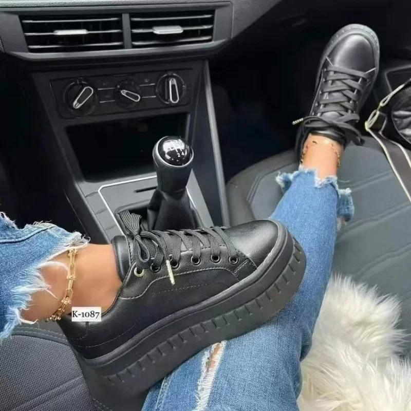 Baskets légères à plateforme en cuir PU pour femmes, chaussures de sport à tête ronde, à lacets, vul