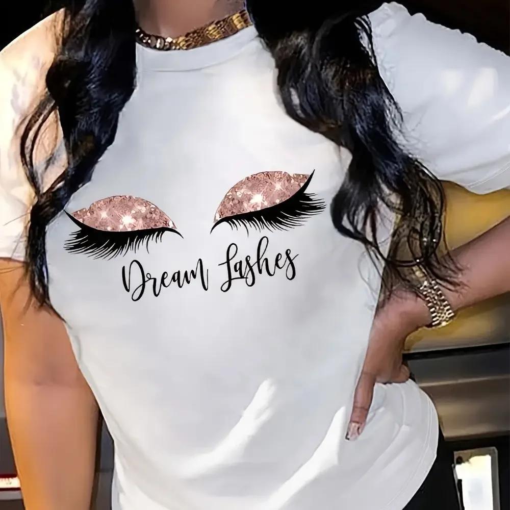 T-shirt à col rond pour femme, haut à manches courtes, décontracté, simple, à la mode, imprimé cils 