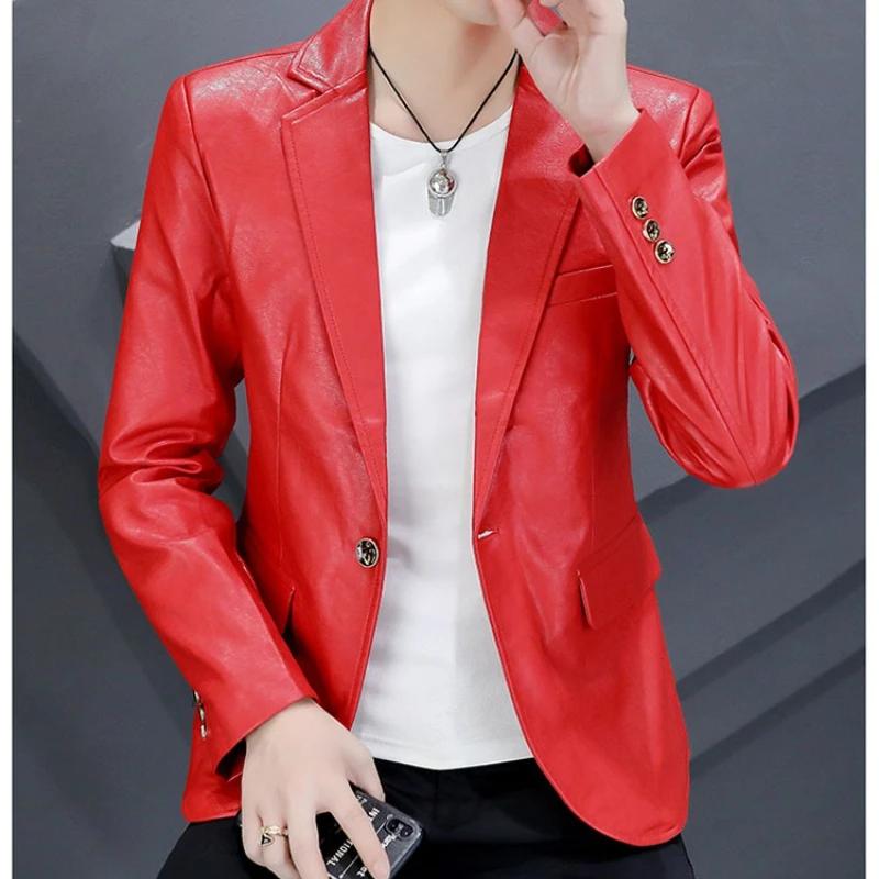 Veste de costume en cuir PU pour hommes, Slim, tendance coréenne, beau, décontracté, blazer de moto,