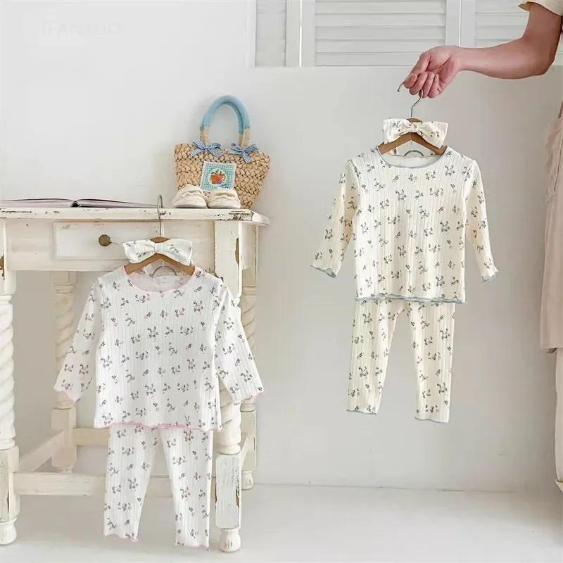 ‌ Nouveauté bébé filles imprimé fleuri coton pyjama ensemble à manches longues dentelle garniture de