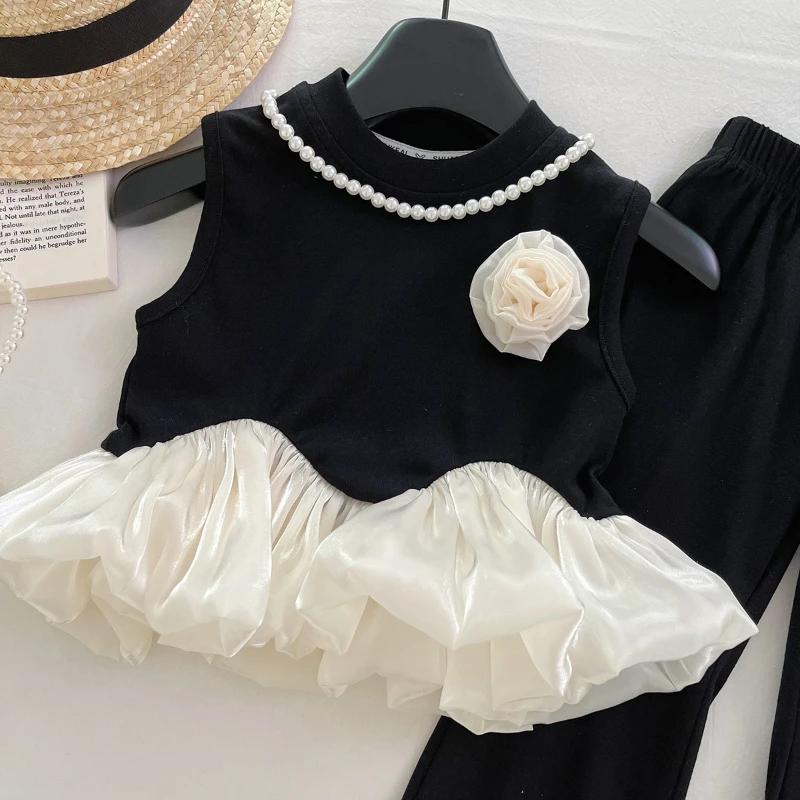 Costume d'été pour filles, couleur assortie, gilet sans manches + pantalon inférieur, ensemble deux 