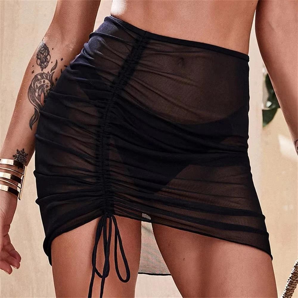 Nouveau Maillot de bain translucide jupe de plage maille cordon solide gaze jupe à volants surjupe b