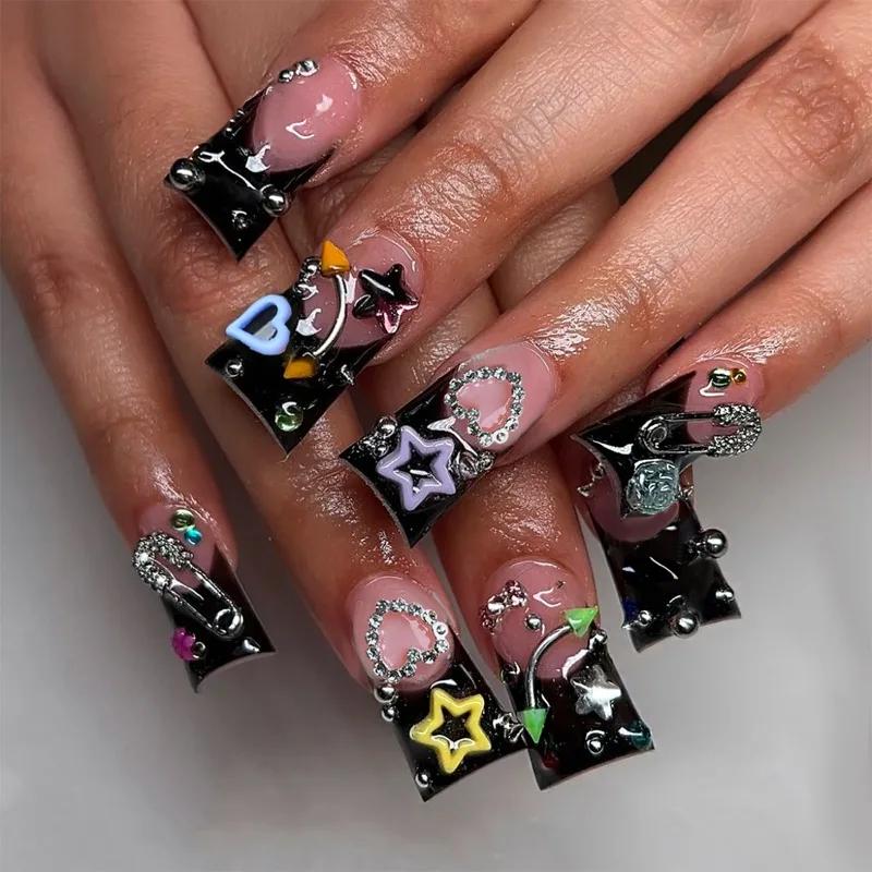 24 faux ongles Y2K en forme de bec de canard, avec cœurs et étoiles métalliques 3D et diamants, à pr