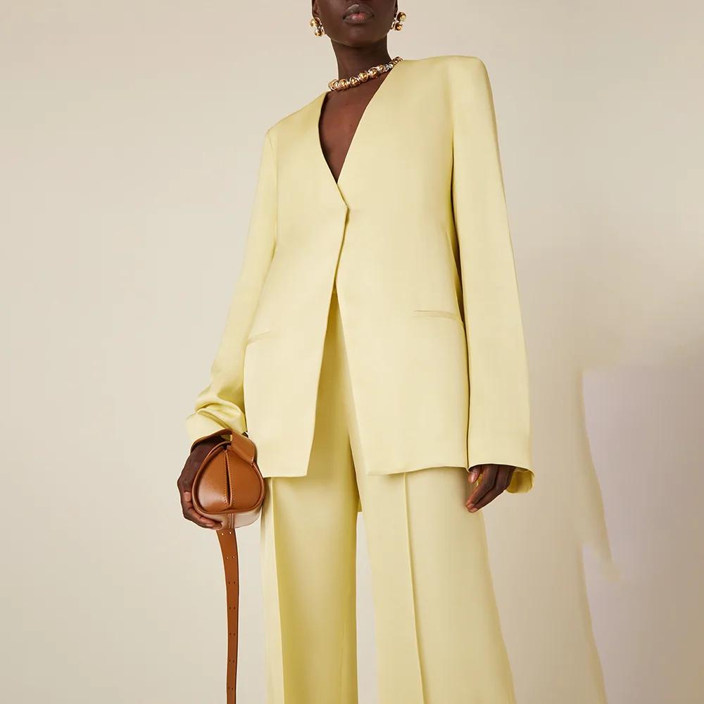 Ensemble Pantalon Chic à Manches sulfet Col en V pour Femme, Tenue Décontractée Sans lèvent, Couleur