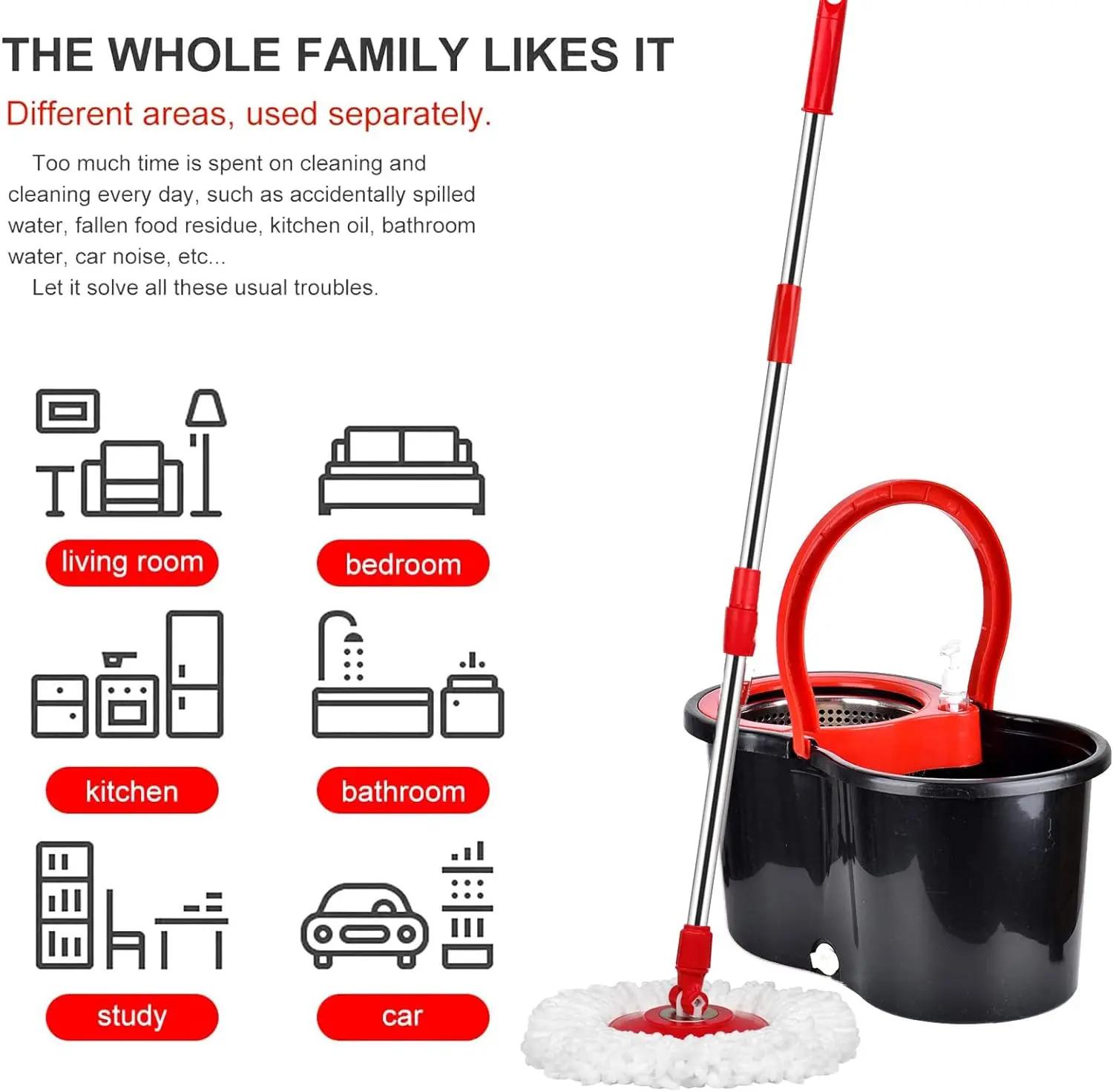360 °   Ensembles de seaux à vadrouille rotative avec système d'essorage dans 3 têtes en microfibre,