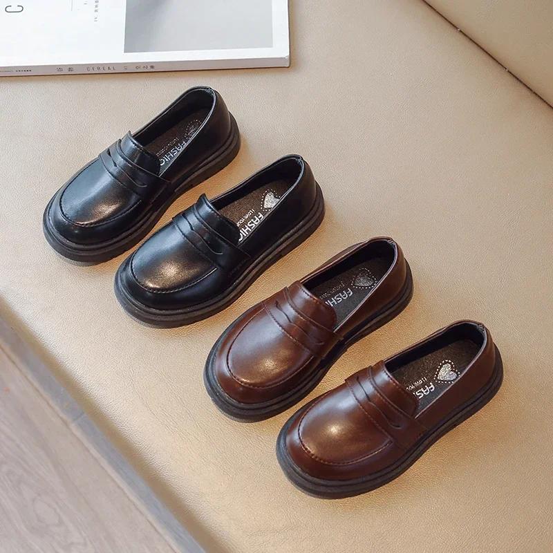 Chaussures en cuir pour enfants de Style britannique pour garçons, mocassins souples rétro noirs pou