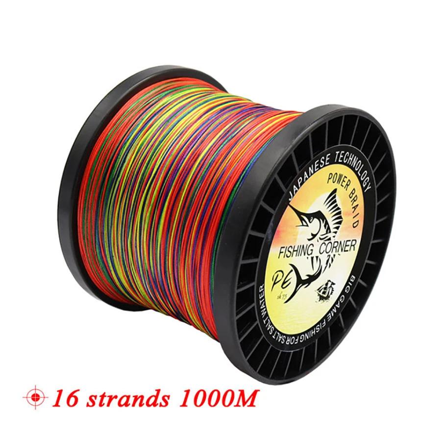 Ligne de pêche colorée tressée en PE, 16 brins, 300m, 500m, 1000m, 1500m, accessoire durable