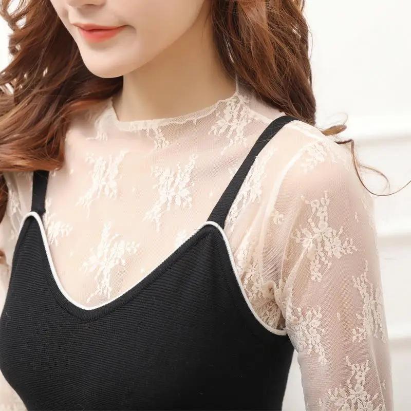 Chemisier à fond en dentelle pour femmes, T-shirt à manches longues en maille, haut court, Style étr