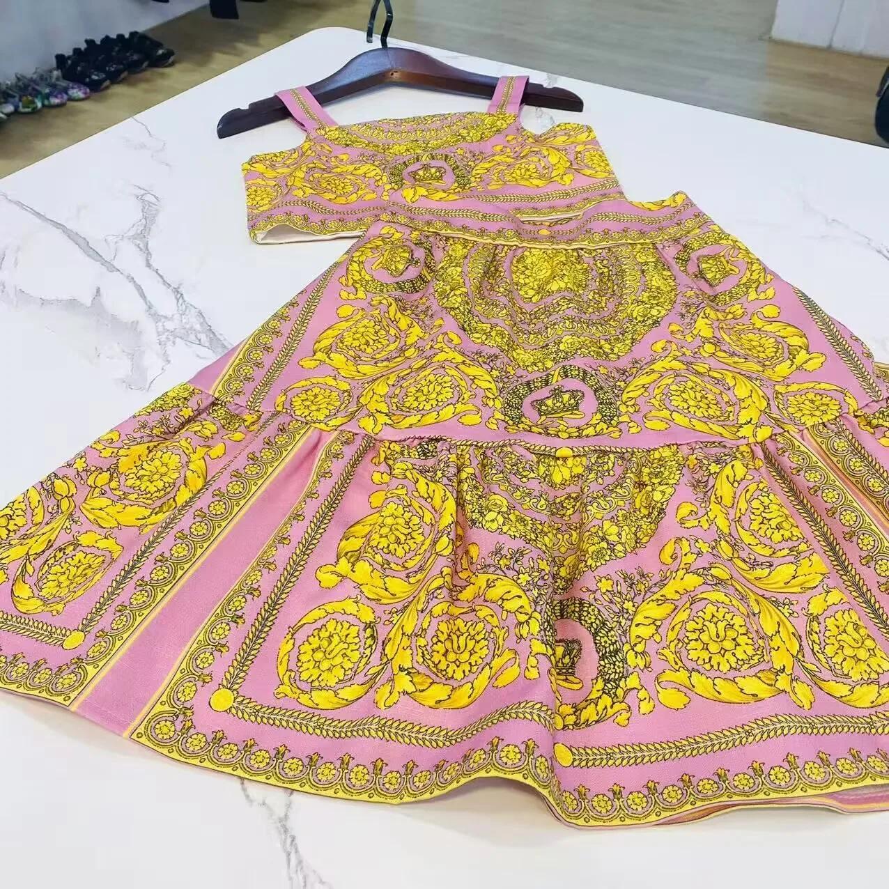 Ensemble de vêtements haut de gamme pour filles, rose, fleur jaune, coton, petite sangle, grande jup