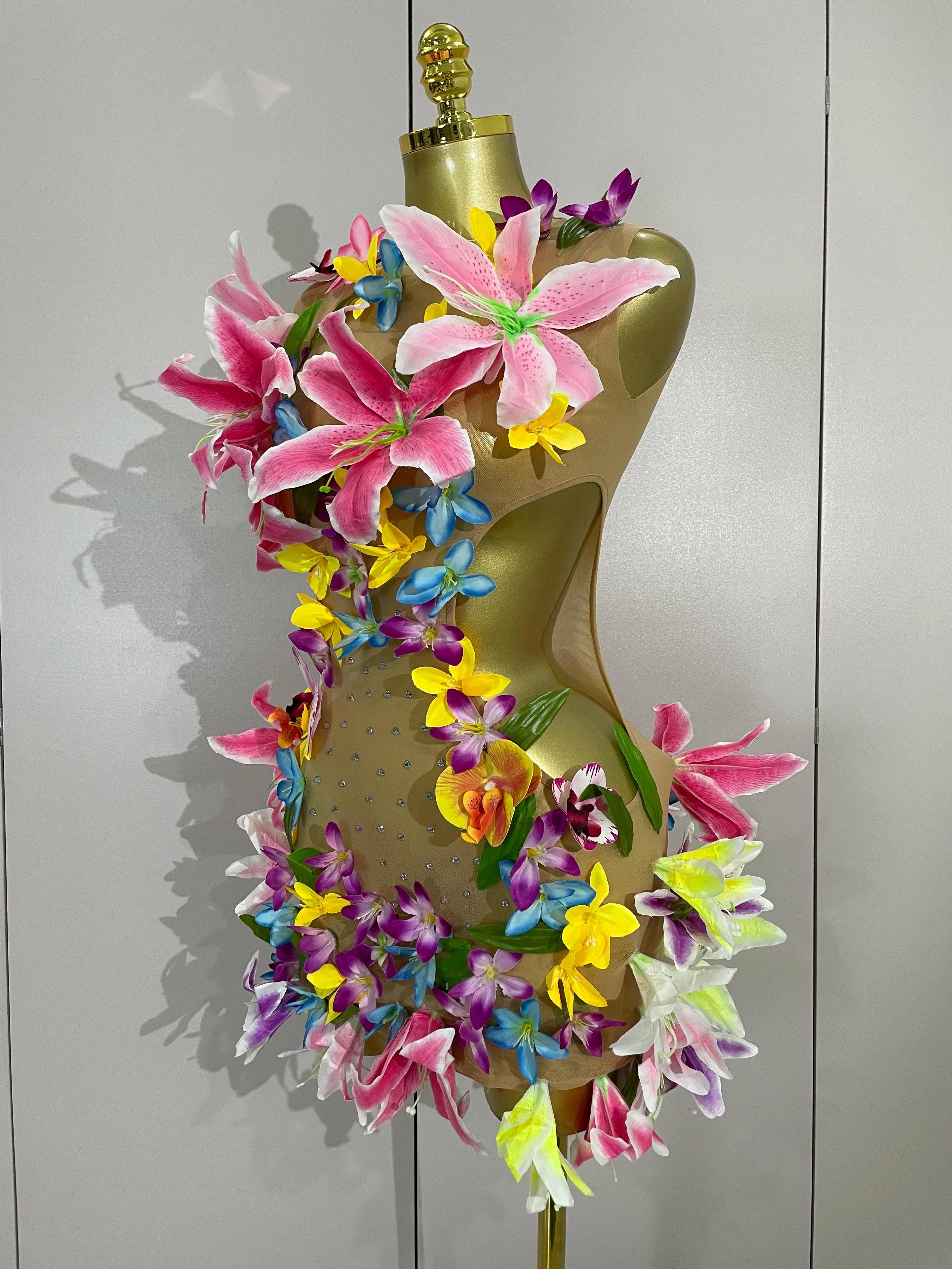 Femmes soirée robes de fête d'anniversaire fleurs colorées sans manches Sexy maille voir à travers M