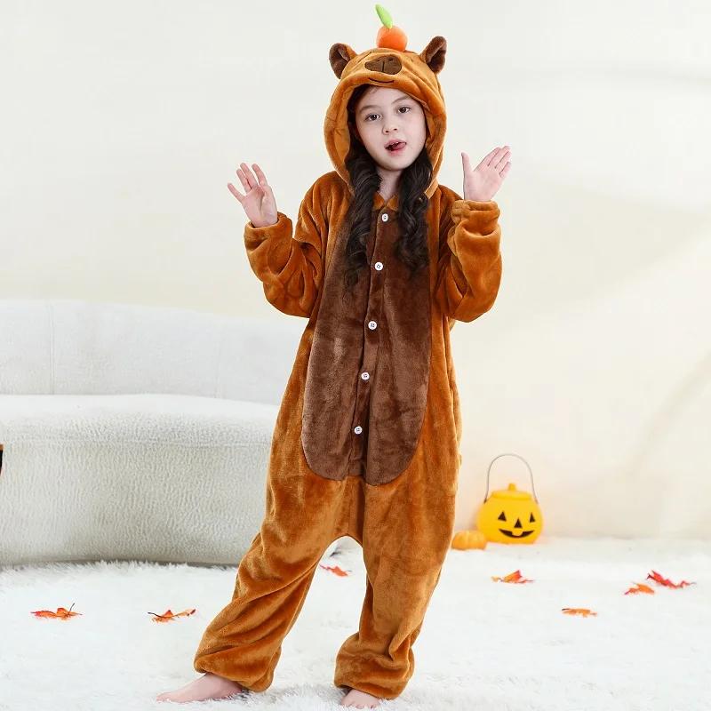 MICHLEY Carnaval Capybara Flannel Blanket Sleepers Onesie Hooded Children Costume Clothes Jumpsuit S