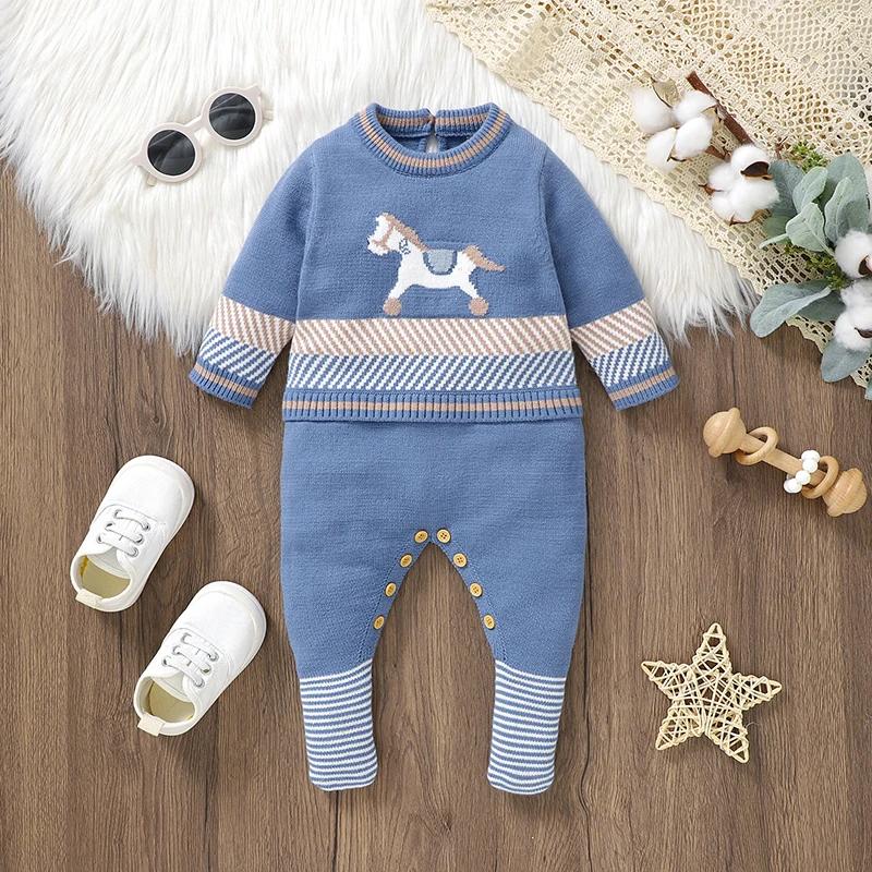 Barboteuse bleue en tricot à manches longues pour bébé, combinaisons pour nouveau-né garçon, combish
