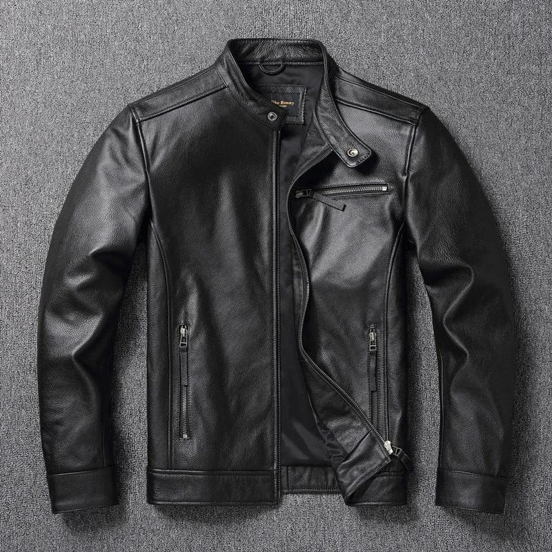 Veste en cuir de vachette de haute qualité, manteau à col montant, couche supérieure, mince, décontr