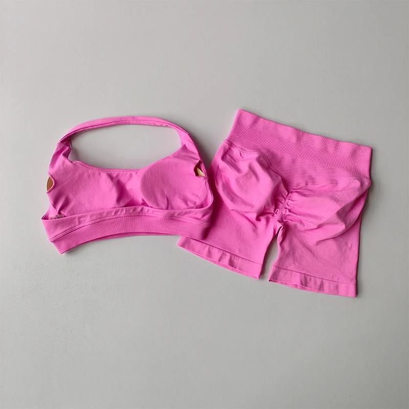 Ensemble fitness sexy licou cou dos nu taille haute soutien-gorge short Pilates Yoga