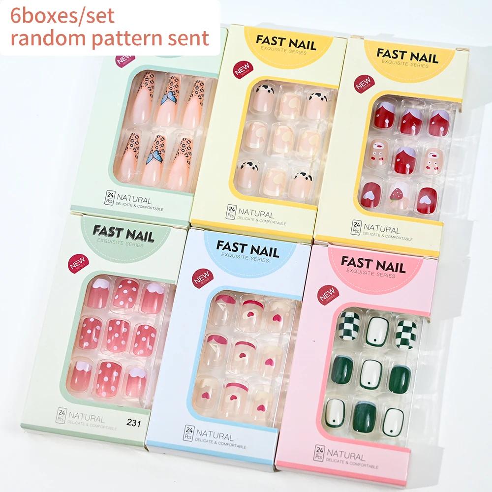 6 boîtes/ensemble court carré faux ongles amour design presse sur ongles Style mixte motif aléatoire