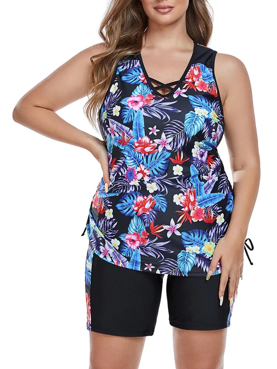 Maillot de Bain Deux Pièces Grande Taille Imprimé 2026 Femme Taille Haute Plage Élégant