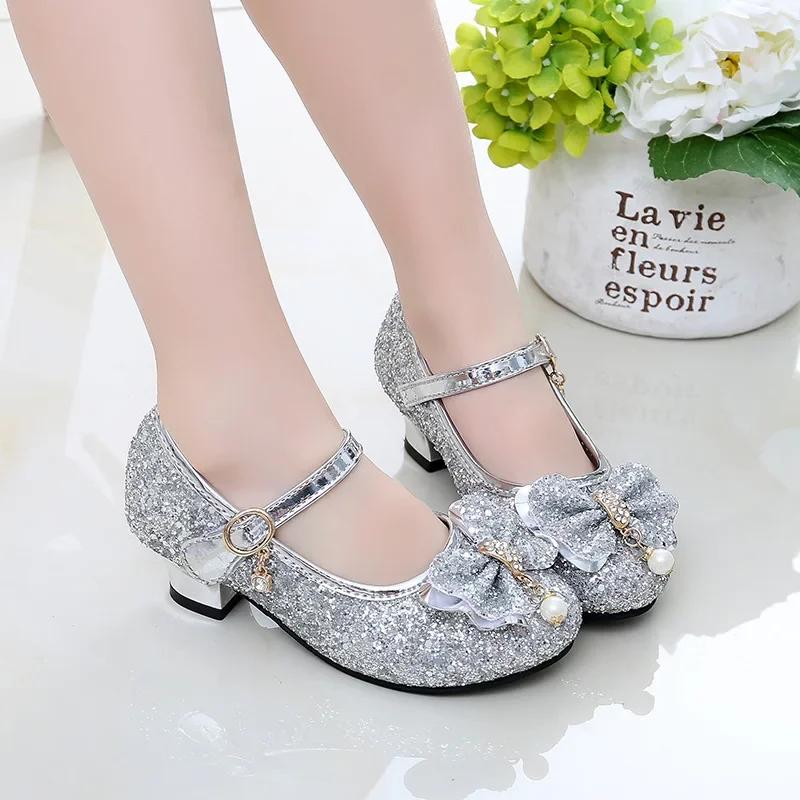 Chaussures de danse princesse à talons hauts pour filles, chaussures à paillettes en cuir souple, à 