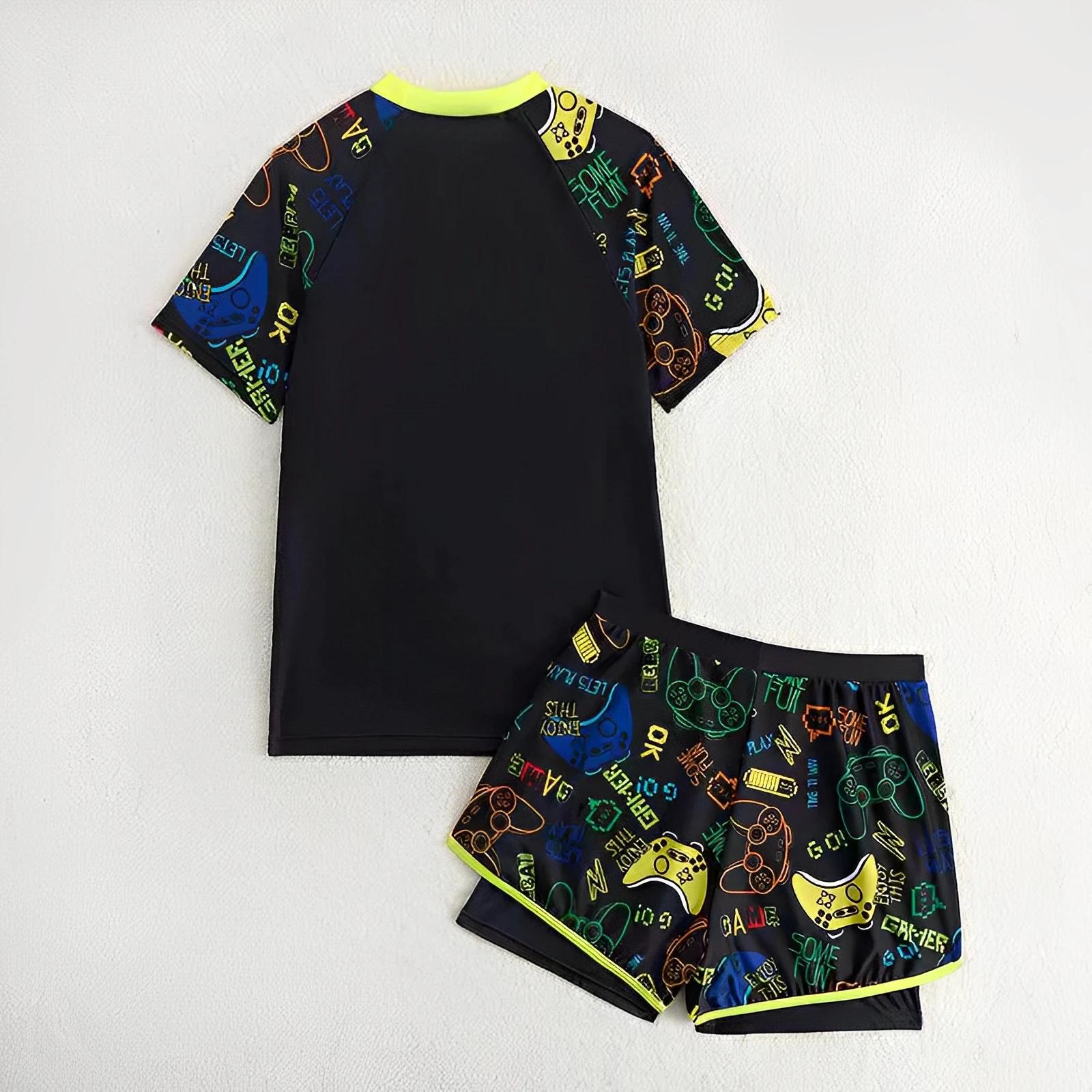 Maillot de bain deux pièces garçon 2026 avec short imprimé - Tenue plage été enfants colorée et pratique