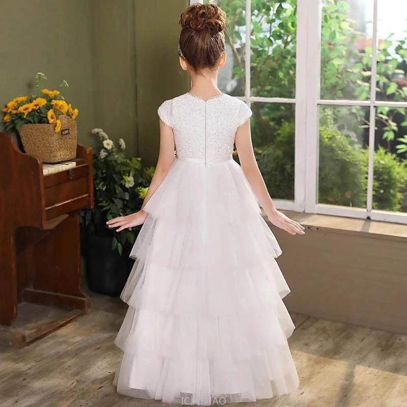 Robe de mariée blanche pour filles, tenue de princesse de spectacle pour enfants, Costume pour fête 