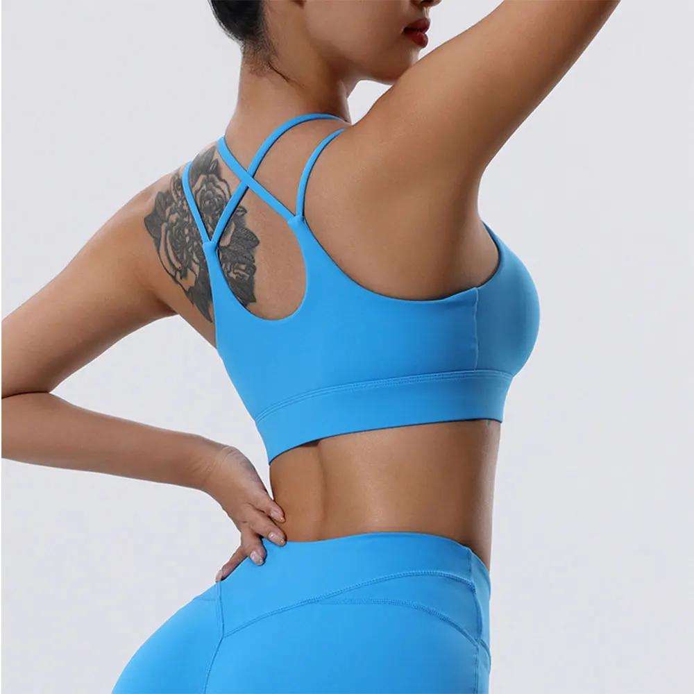Soutien-gorge sport femme push-up - Brassière fitness respirante à sangle croisée