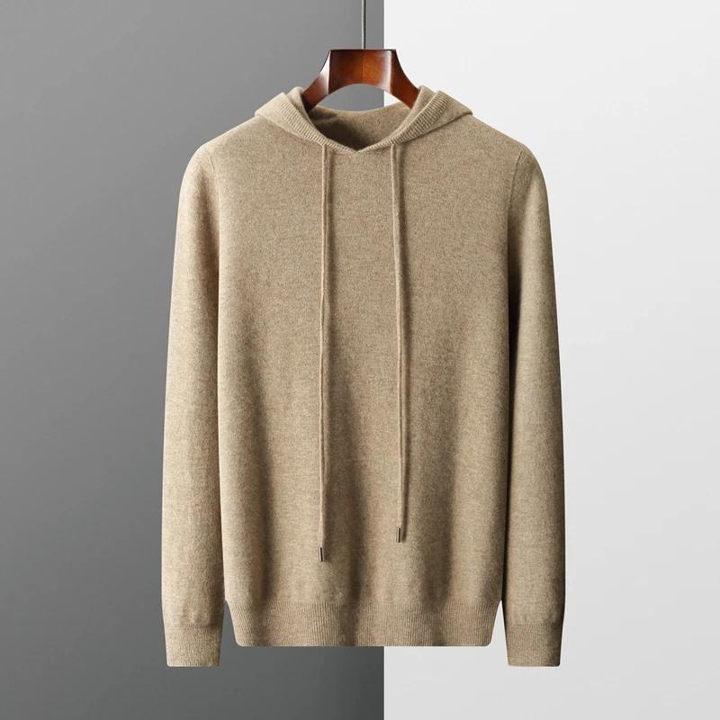 Pull à Capuche en Laine Mérinos 100% pour Homme, Col en Cachemire, Décontracté, à Manches sulf, Coll