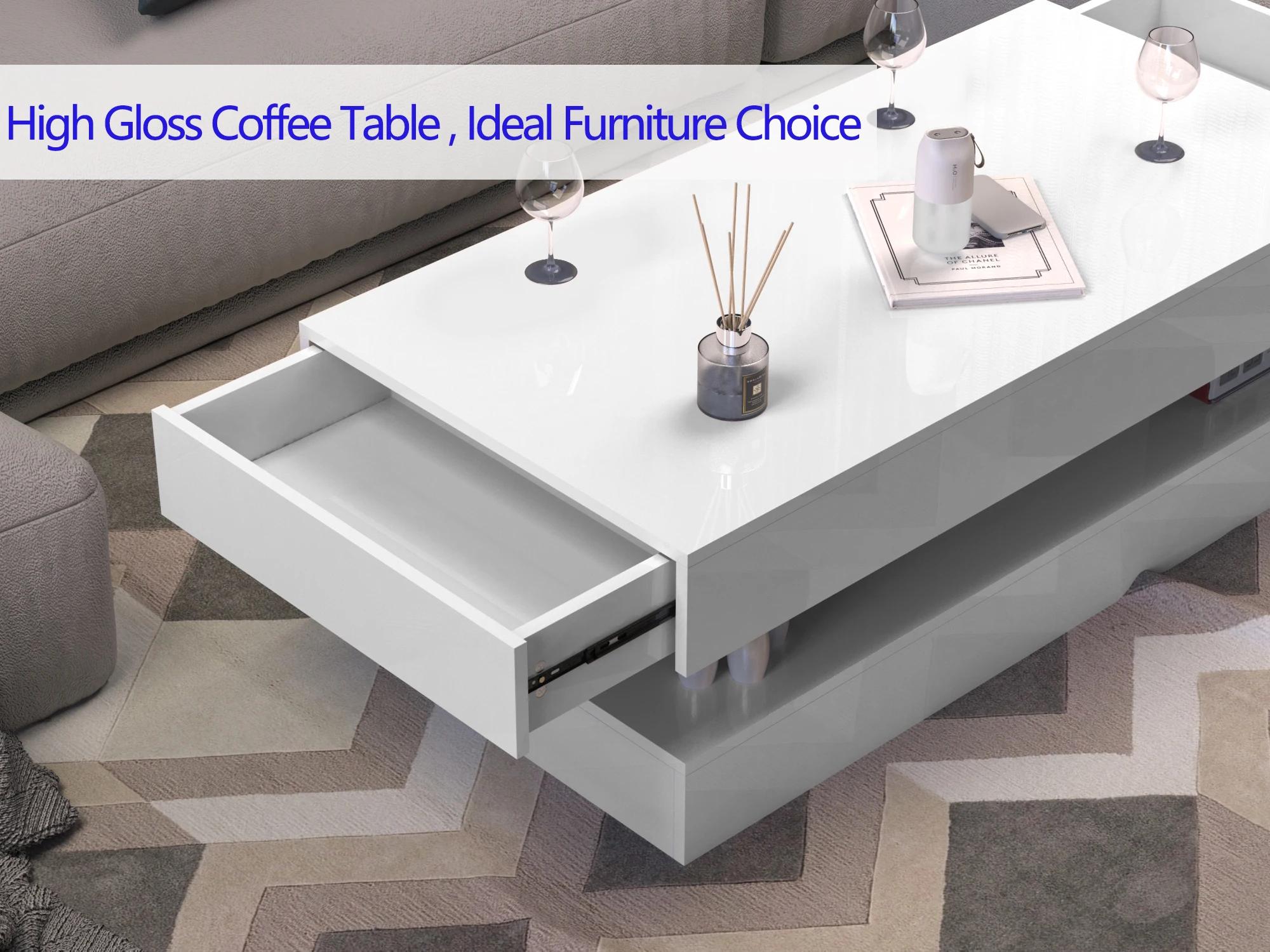 Table basse LED à haute brillance, table centrale moderne avec 2 rangements à proximité, 47,3 pouces