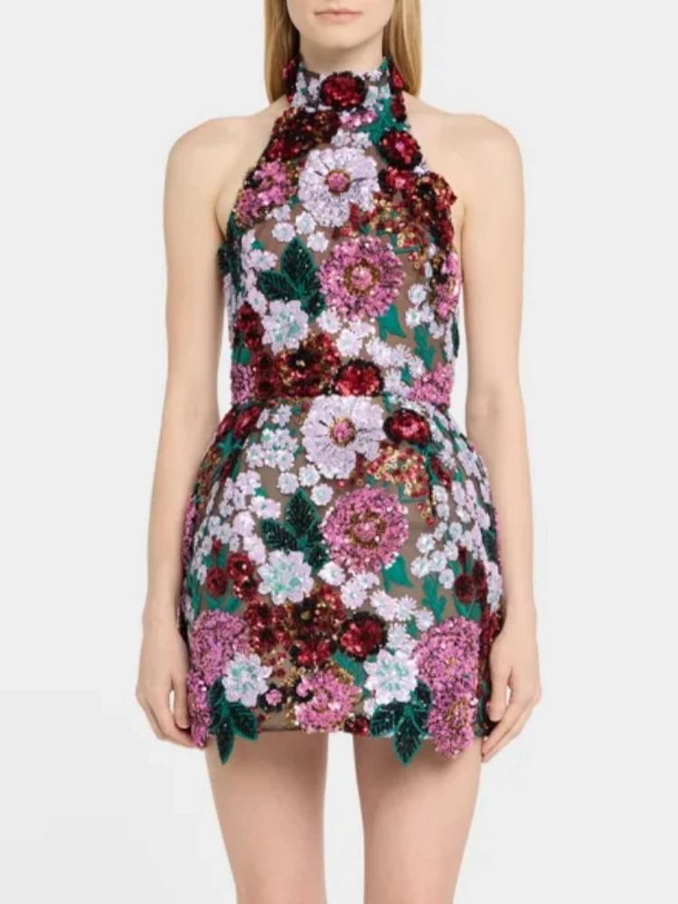 Mini robe Sexy à paillettes et fleurs brodées pour femmes, col licou, sans manches, dos nu, paillett