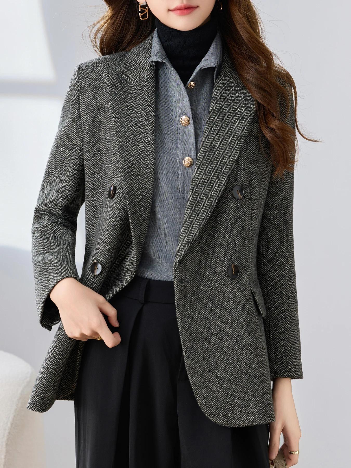 Blazer pied-de-poule à revers, Double boutonnage, avec ourlet fendu, Design élégant, couleur unie, h