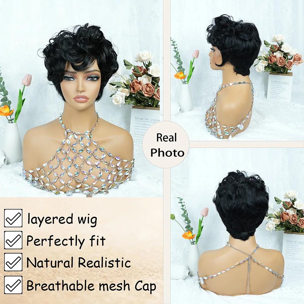 1B #   Perruque de cheveux humains coupe lutin pour femmes, 6 pouces, couches courtes, amples et bou
